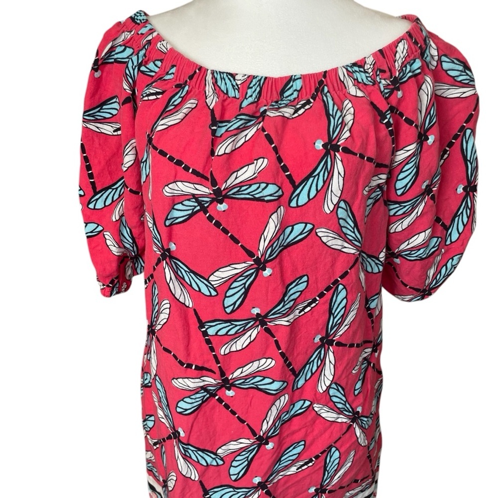 Crown & Ivy Womens‎ Dress Dragonfly Linen Blend Small Pink Blue Off Shoulder EUC